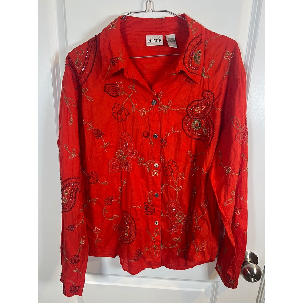 Chico's Womens Button Down Shirt Embroidered Beaded Red Size 2